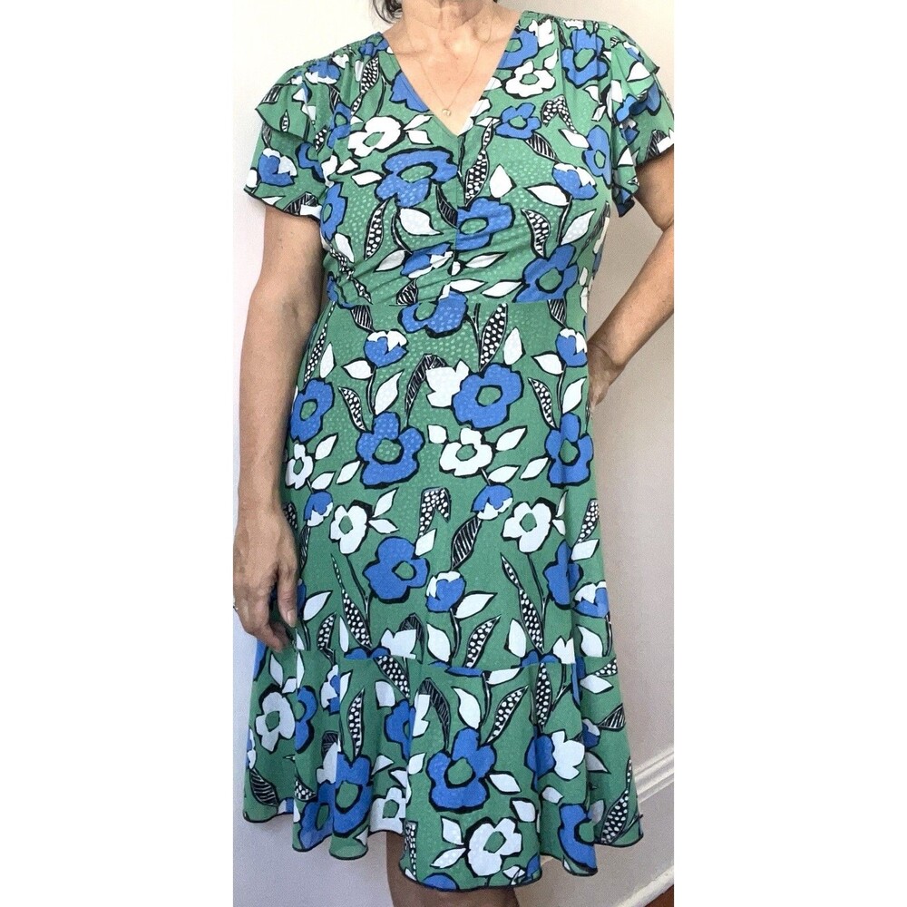 Cabi Reversible Celebrate Dress M Blue Green Floral Polka Dot Travel Mesh #6148